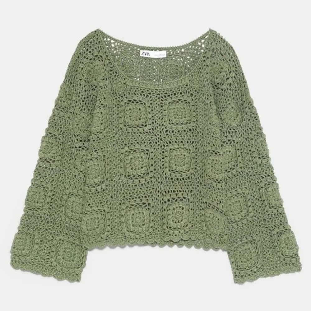 Zara Moss Green Limited Edition Crocheted Scoop Neck Sweater Size Small